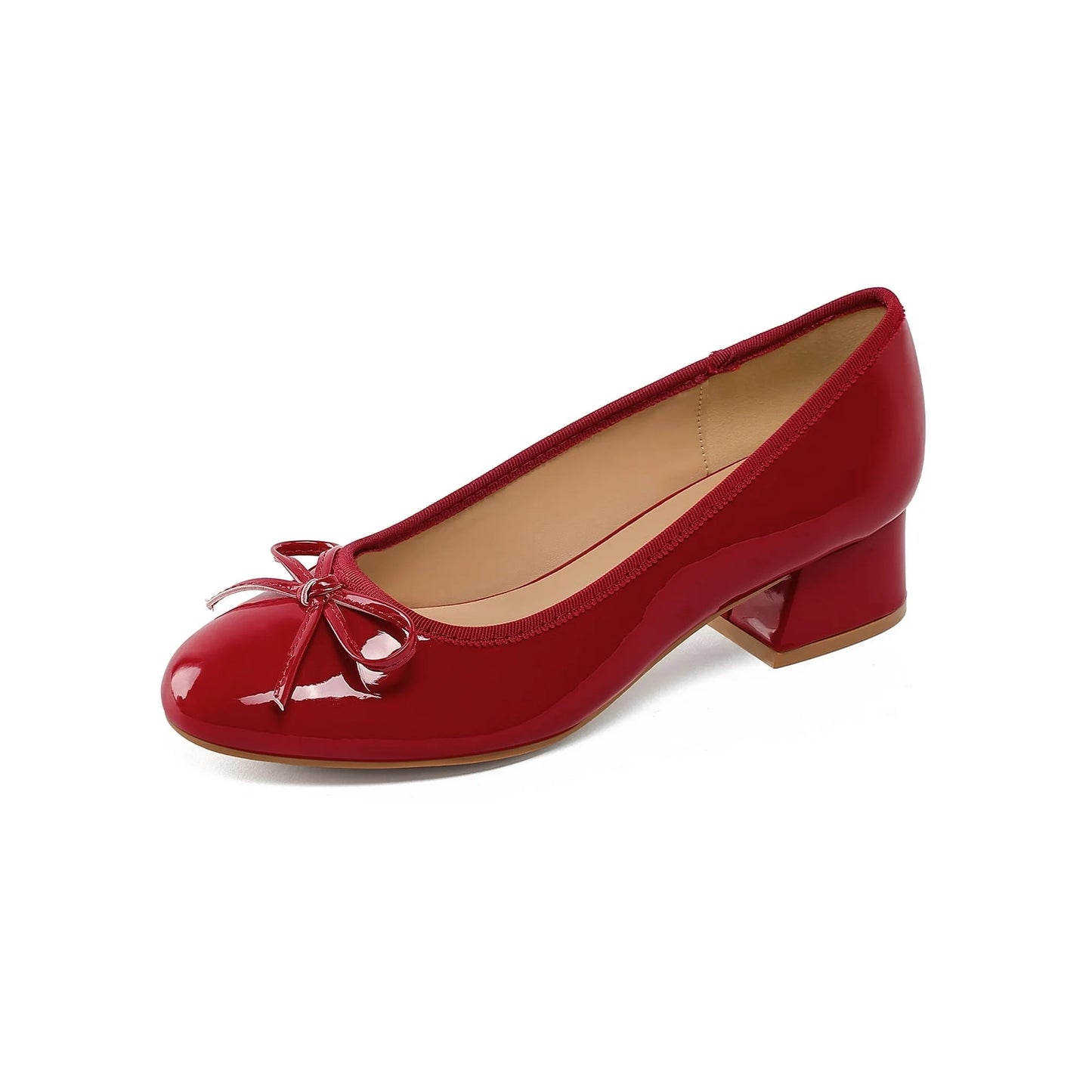 KETEMA-Women's Block Heel Pumps Cream PU Bow Tie Ballet Shoes