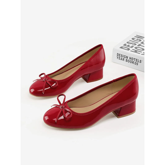 KETEMA-Women's Block Heel Pumps Cream PU Bow Tie Ballet Shoes